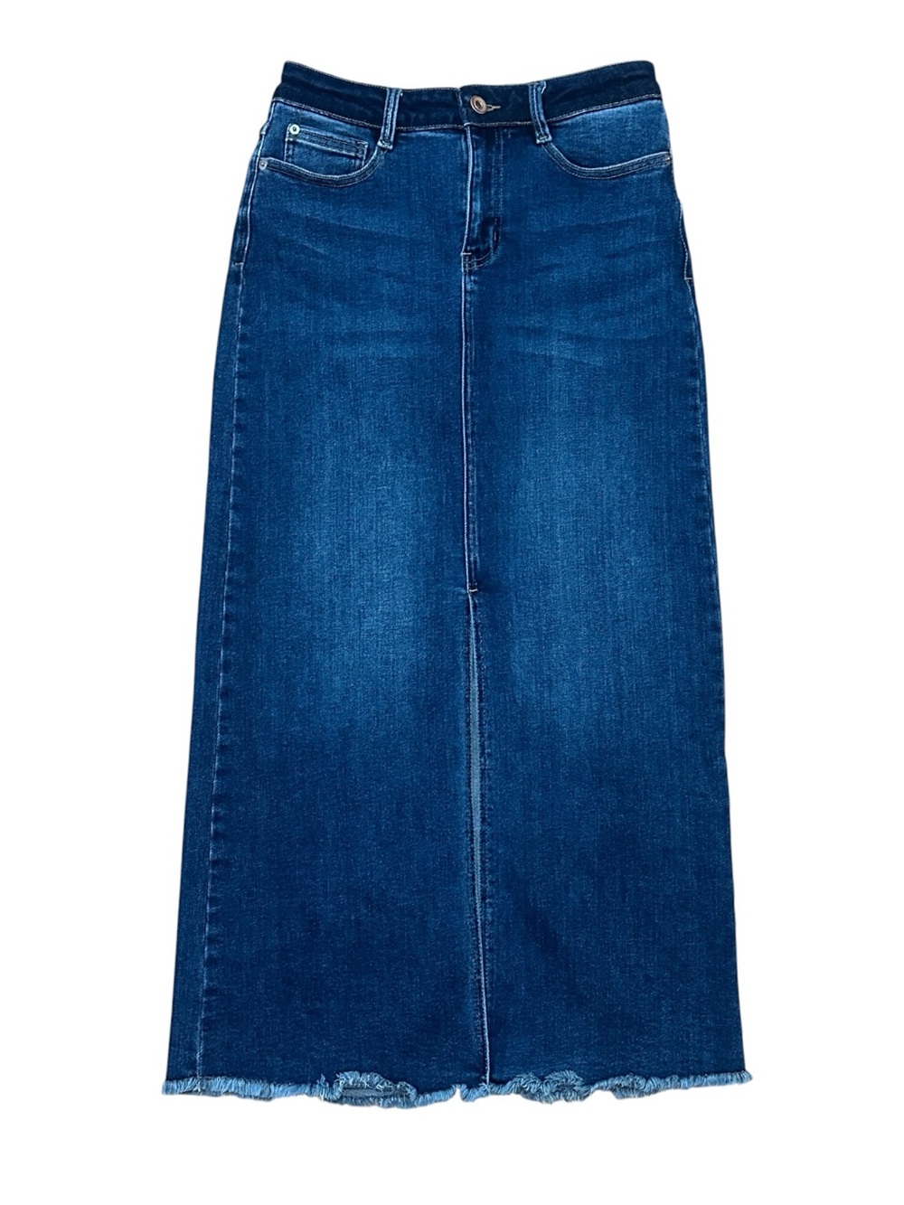 Mainstream Boutique Denim Maxi Skirt Size 4 Dark Wash Raw Hem Stretch